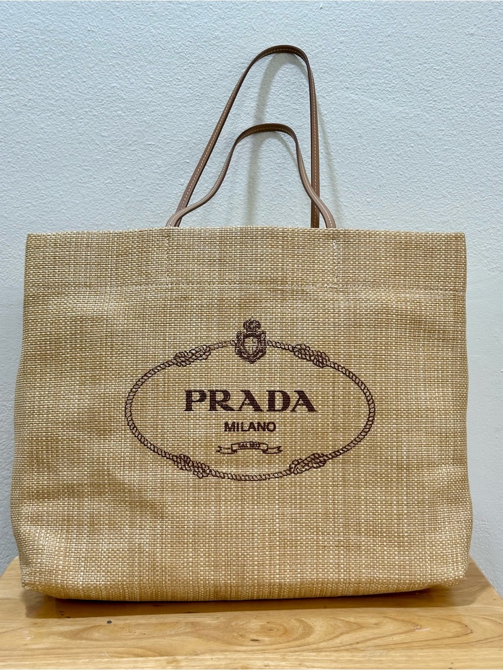 Prada Natural Raffia Tote with Brown Logo and Straps